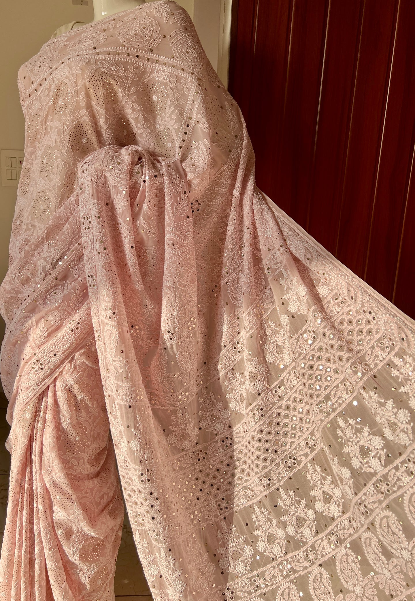 Ruhani Dusty Pink Allover Designer Chikankari and Mukaish Saree